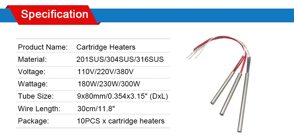 LJXH 10 шт. картридж Подогрев сопротивление элемент 9X80 мм/0,354 "x 3,15" 180 Вт/230 Вт/300 Вт 110 В/220 В/380 В Картридж нагреватель для литья