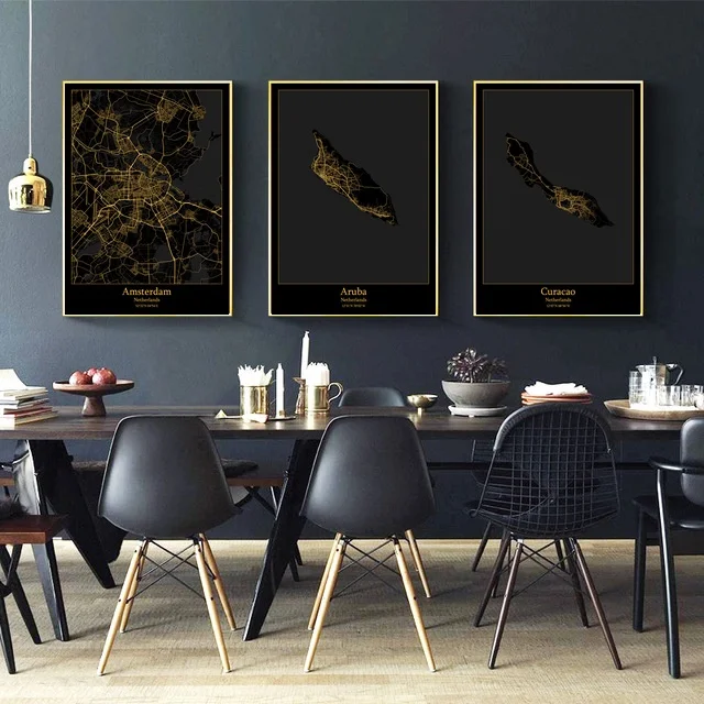 

Amsterdam Rotterdam The Hague Netherlands City Map Black and Gold Map Canvas Art Print Wall Pictures for Living Room No Frame