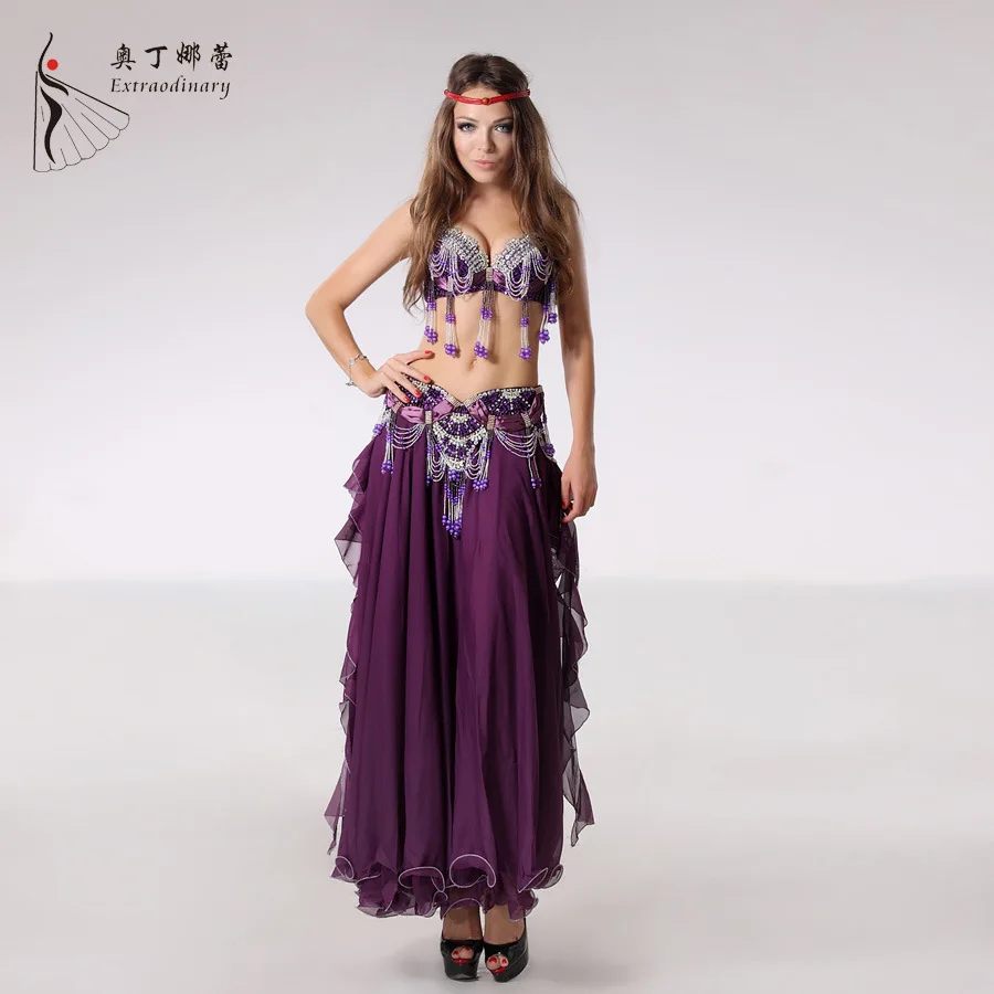 Профессиональная женская Одежда для танцев, комплект из 3 предметов: бюстгальтер+ пояс+ юбка для восточных бусин, костюм для танца живота Wj00047 s-xl