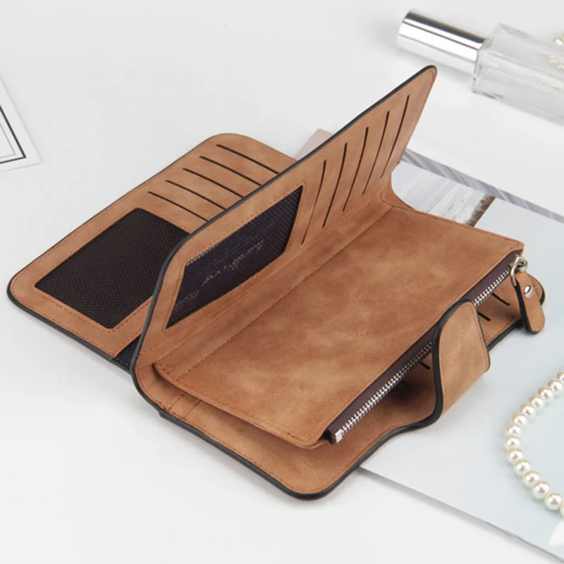 

Women Scrub PU Leather Lady Purses 3 Folded Zipper Buckle Long Female Wallet LBY2018