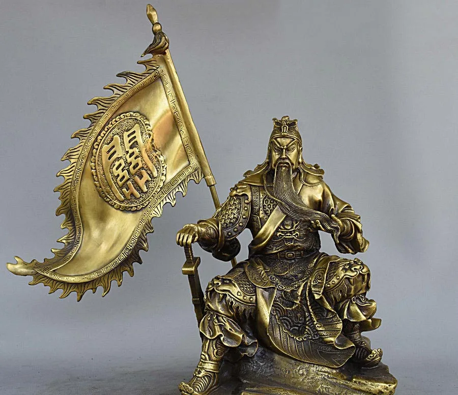 

11" China Pure Bronze Flag GuanGong Guan Yu Dragon Warrior God Sit Stone Statue