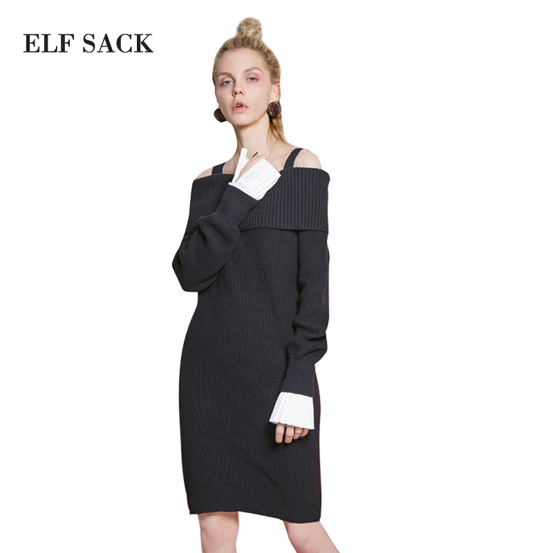 Beste ELF zak Knitter Lente Vrouwen Shouder Jurken Sling Jurk Slash Hals Vrouwen Slanke Lange Jurken Sexy Elegante Lange mouw Jurk