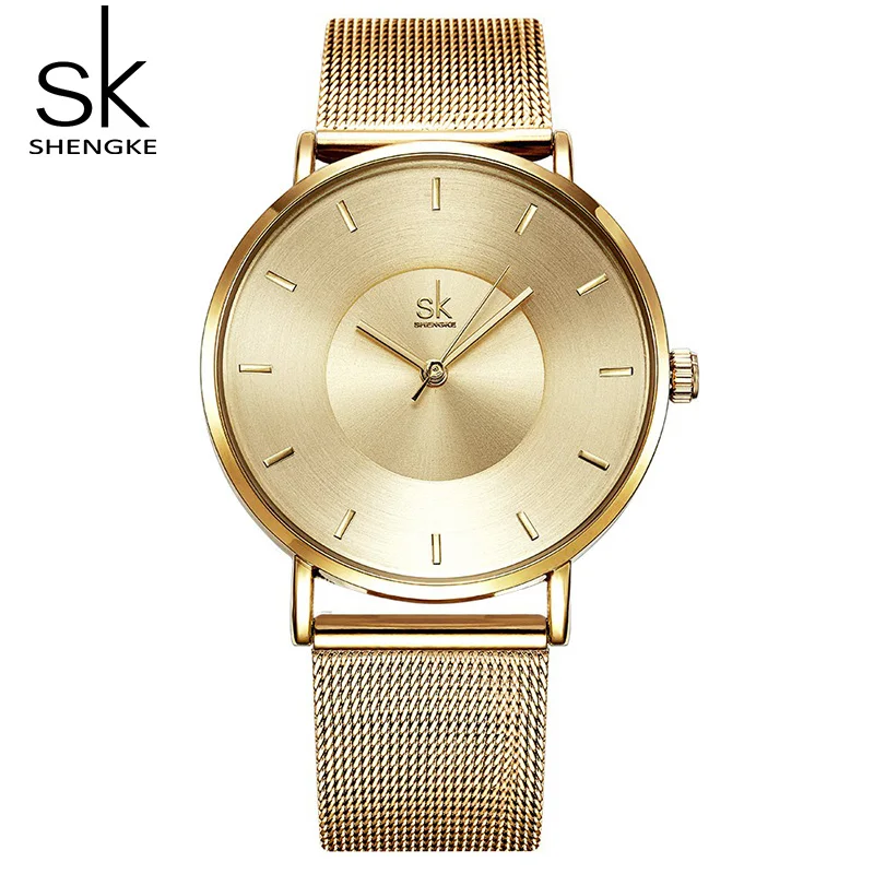 Shengke женские часы лучший бренд Роскошные черные кварцевые часы женские часы-браслет Reloj Mujer подарок на женский день# K0059 - Цвет: Gold
