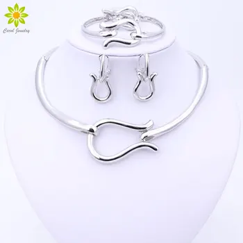

Fashion Jewelry Sets For Women Silver Plated Choker Necklace Earrings Bracelets Rings Wedding Set Party Accessories