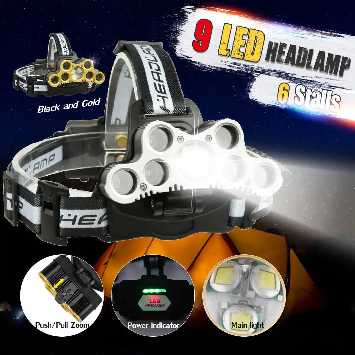

9*t6 headlight 250000lm LED Smuxi headlamp 6 modes head light waterproof flashlight zoomable use 18650 for hunting cycling