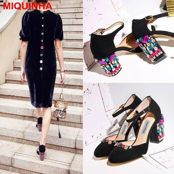 

MIQUINHA Luxury Colorful Crystal Embellished Buckle Design Women Pumps Wedding Party Shoes Mujer Sandalia Sexy Med Square Heel