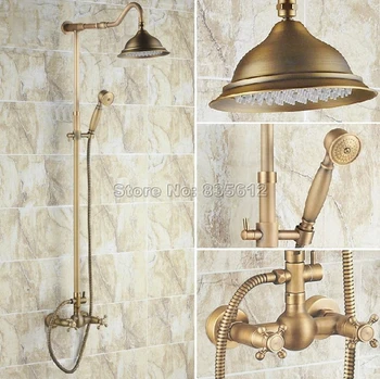 

Antique Brass Wall Mounted Bathroom Rain Shower Faucet Set with Handheld Shower Head & Dual Handles Mixer Taps Wrs135