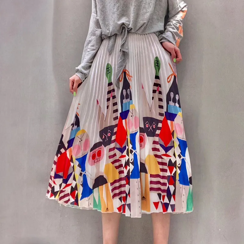 

Women's Cartoon Print Pleated Midi Skirt High Waist Loose Ladies A-line Ladies Skirts 2019 Summer Fashion Casual Female Clothes