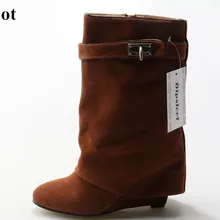 Dipsloot/Лидер продаж г. женские ботильоны из замши без застежки женские полусапожки на высокой танкетке с острым носком, увеличивающие рост