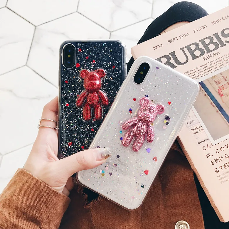 

Luxury 3d Bear Shiny Hearts Jelly Glitters Soft TPU Back Cover Case For iPhoneX 8/6s 7plus Skin Shell Protection
