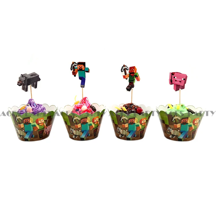 

12 Sets/Lot Minecraft Children's Birthday Parties for Dessert Cake Decoration Minecraft Edge Insert Card Decoration Toy