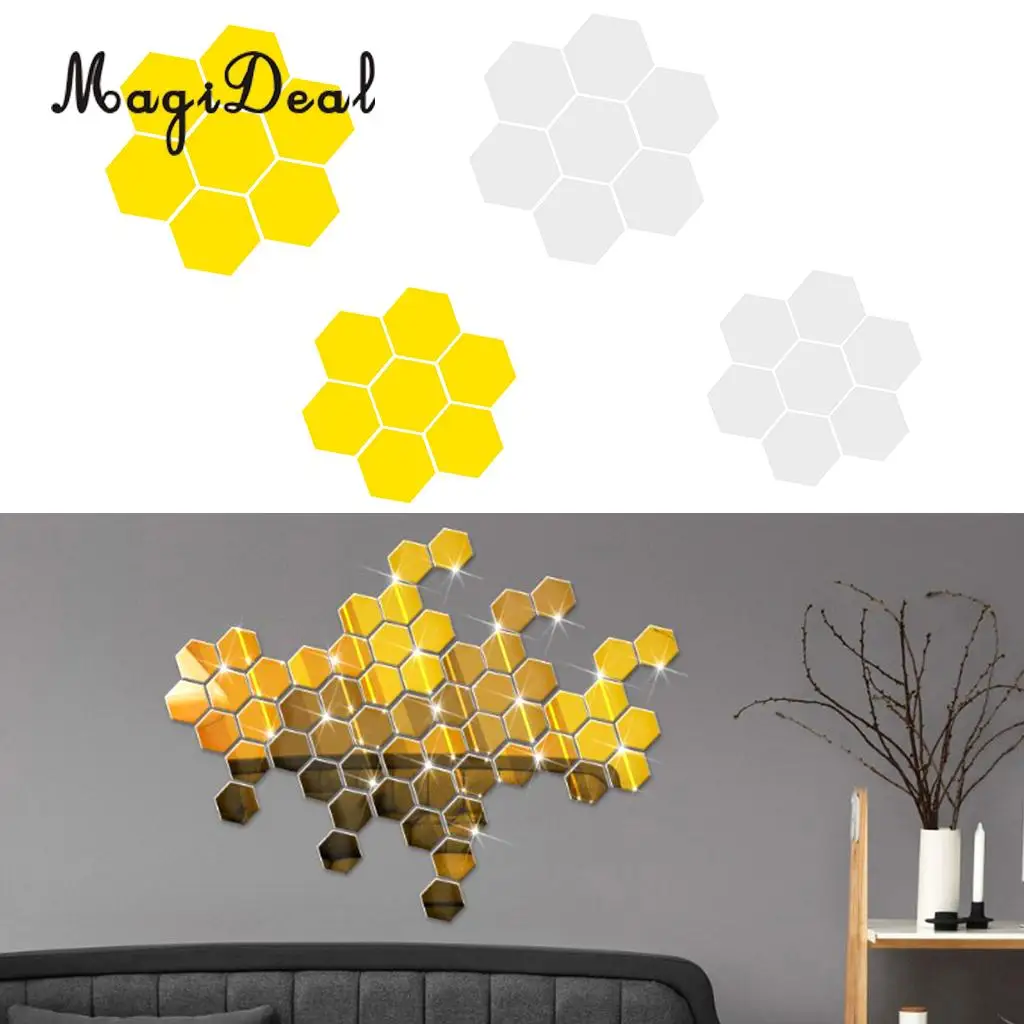 7Pcs 3D Mirror Surface Hexagon Vinyl Removable Sticky Wall Sticker Decal Coffee Cafe Bar Chic Decor Art Mural DIY