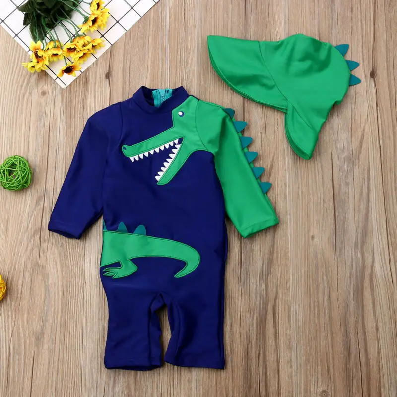 Летний купальный костюм с рисунком динозавра для маленьких мальчиков; одежда для купания с защитой от УФ-лучей и шапочкой; детский купальный костюм; От 6 месяцев до 5 лет