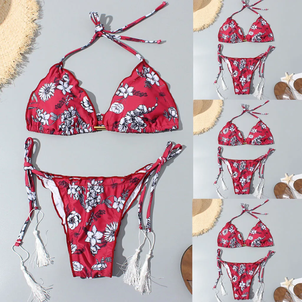 Womail Bikinis Set 2019 Summer Sport Bikini Bathing Beachwear Floral Printed Monokini Women Sexy Swimsuit Tassel Swimwear W30329