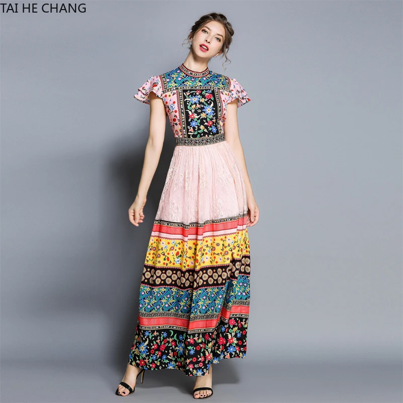 

Women Fashion Summer Elegant Vestidos Slim Bodycon Formal Party Vintage Casual Runway Lace Maxi Long Print Flower Sexy Dress