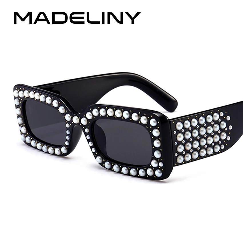 

MADELINY Fashion Women Pearl Rectangle Sunglasses Brand Design 2018 Rhinestone Vintage Square Glasses For Female Shades MA325
