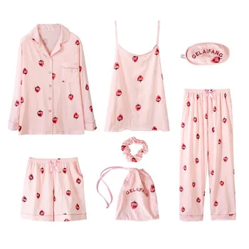 

Women's 7 Pieces Pajamas Set Cotton Soft Ladies Sleepwear Sleep Lounge Homewear Pyjamas Nighties Sleepshirts Top Shorts Pants