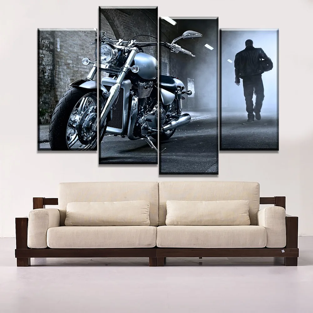 

Modern HD Printed Type Painting On Canvas Wall Art Home Decorative Framework 4 Pieces Vehicles Motorcycle And Man Unique Poster