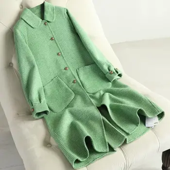 

new vintage double-faced cashmere coat women long single breasted loose houndstooth square collar woolen coat