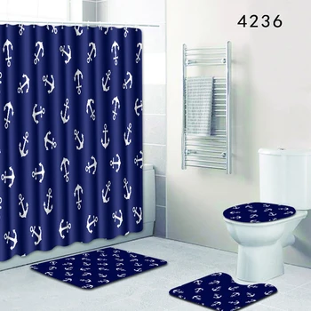 

HomeMiYN Bath Mat White Anchor Blue 50X80cm Bath Rugs Anti Slip Waterproof Shower Curtain With 12 Hooks 4pcs Bathroom Decoration