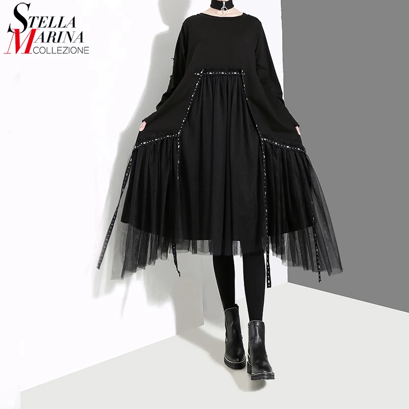 Online Nuovo 2019 Coreano Delle Donne di Stile Autunno Inverno Nero Vestito Allentato Manica Lunga Mesh Overlay Signore casual Midi Vestito Da Festa Robe 4564