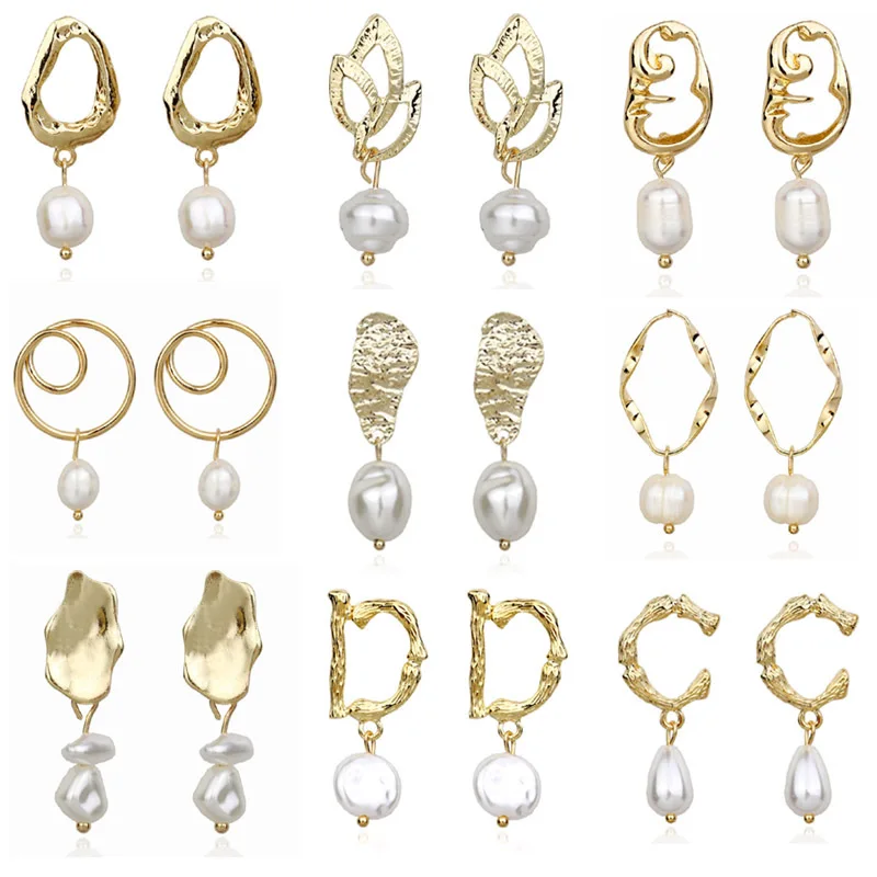 

New Trendy Korea Design Metal Gold Geometric Irregular Circle Square Natural Freshwater Pearl Earrings for Women Girl Gifts