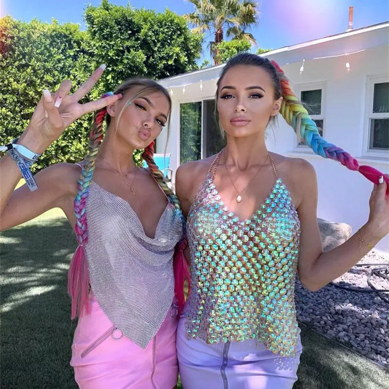 

Bling Colorful Rhinestones Patchwork Crop Tops Sexy Women Low Cut Backless Slim Tank Tops Summer Fashion Lady Tops Clubwear