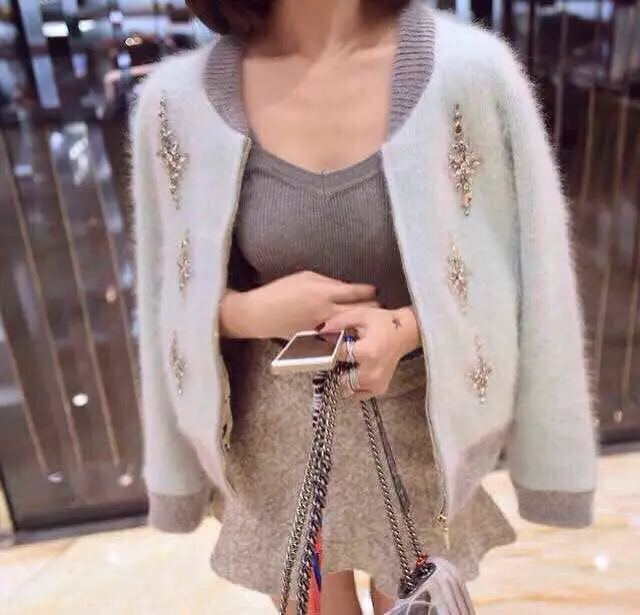 Высококачественный Женский свитер, кардиган, вязаная одежда, осень-зима, цветная Лоскутная мозаика из страз, норковая кашемировая верхняя одежда