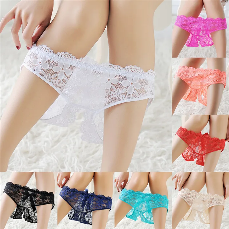 New Sexy Lingerie Underwear Women Bow Lace Briefs Low Waist Open Crotch Solid Sex Panties Erotic Adult Party Game Role Play