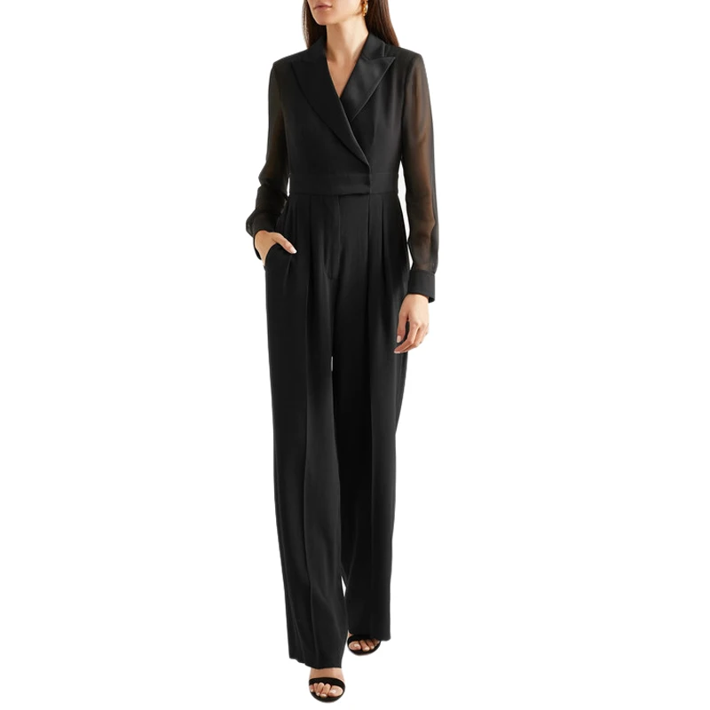 

solid color black / red notched collar long sleeve full length long pants buckle belted elegant jumpsuit office wear jumpsuits
