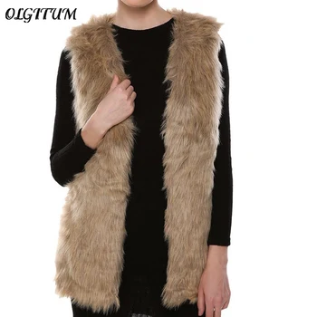 

2019 Fashion Women V Neck Slim Long Faux Fur Vest Solid Color Sleeveless Casual Winter Coat & Jacket For Female Elegant Outwear