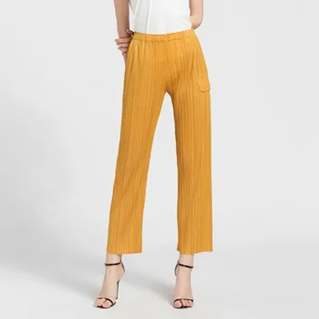 

Micosoni Office Ladies Fashion Casual Pants 2018 Summer New Loose Mid Waist Wide Leg Pants Pleated Full Length Trousers One Size