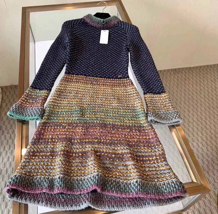 Factory colorful striped high collar knit dress