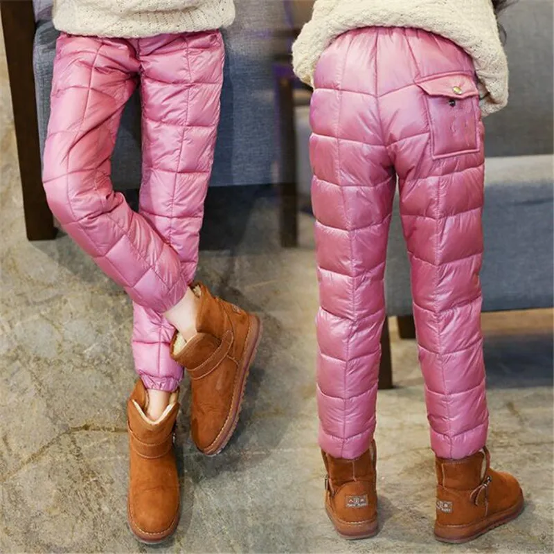 Зимняя детская пуховая одежда из хлопка; штаны для мальчиков; леггинсы для девочек; Детские теплые пуховые брюки; ветрозащитные водонепроницаемые зимние штаны для детей