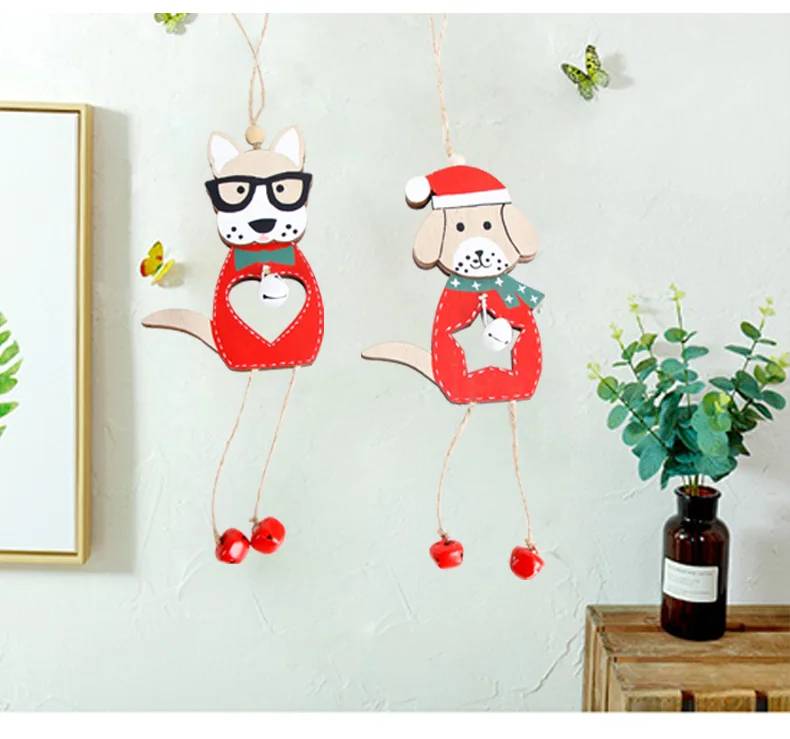 11 2019 Merry Christmas Wooden dog Ornaments Room Wall Hanging Accessories For Home Table Desktop Stand Decor Santa Bells Dog Gifts