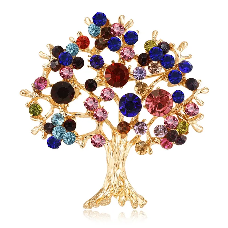 

PINKSEE Trendy Colorful Crystal Life Tree Brooch For Men Women Fashion Jewelry Gold Color Lapel Pin Party Wearing