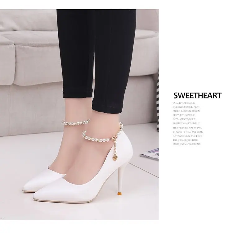 White Women Wedding Shoes Crystal Preal Ankle Strap Bridal Shoes Woman Dress Shoes Seay Pumps Sweet Party Shoes