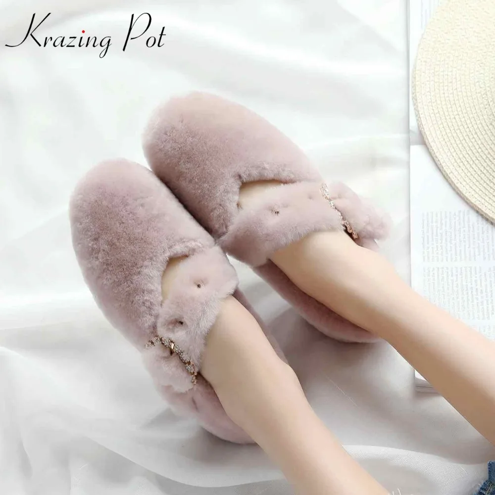 

Krazing Pot 2019 sheep fur round toe women flats sweety fairy bling crystal loafer elegant brand casual spring Autumn shoes L01