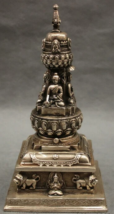 

JP S0606 8" Tibet Silver Shakyamuni Sakyamuni Buddha Statue Stupa Incense Burner Censer (B0328)