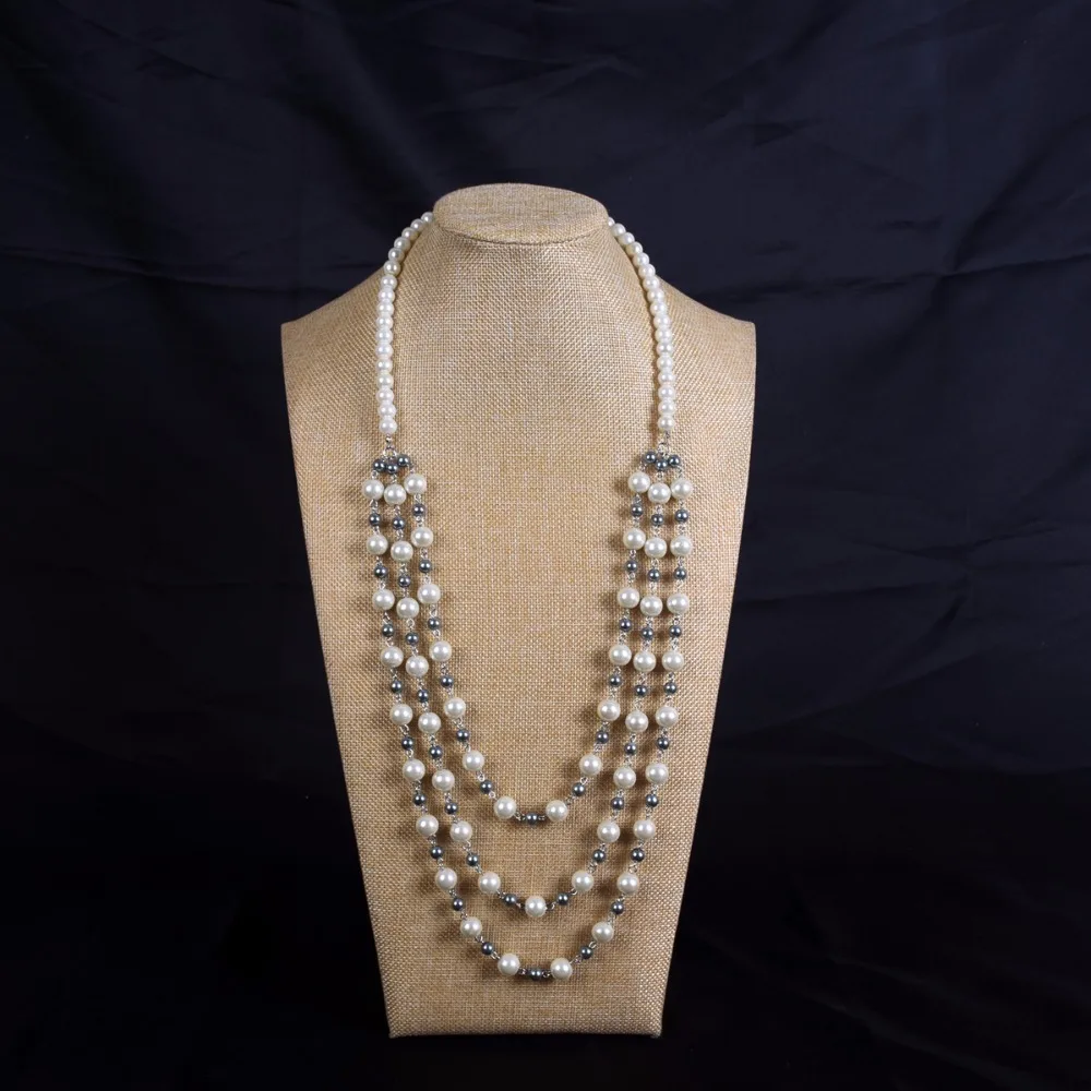 Longpearlnecklacemultilayerpearlnecklacegreyandwhite