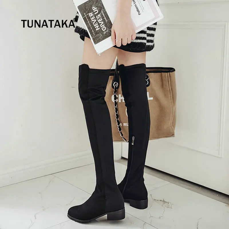 

Women Flock Side Zipper Thigh Boots Comfortable Square Heel Fashion Patchwork Over The Knee Boots Black Red Brown