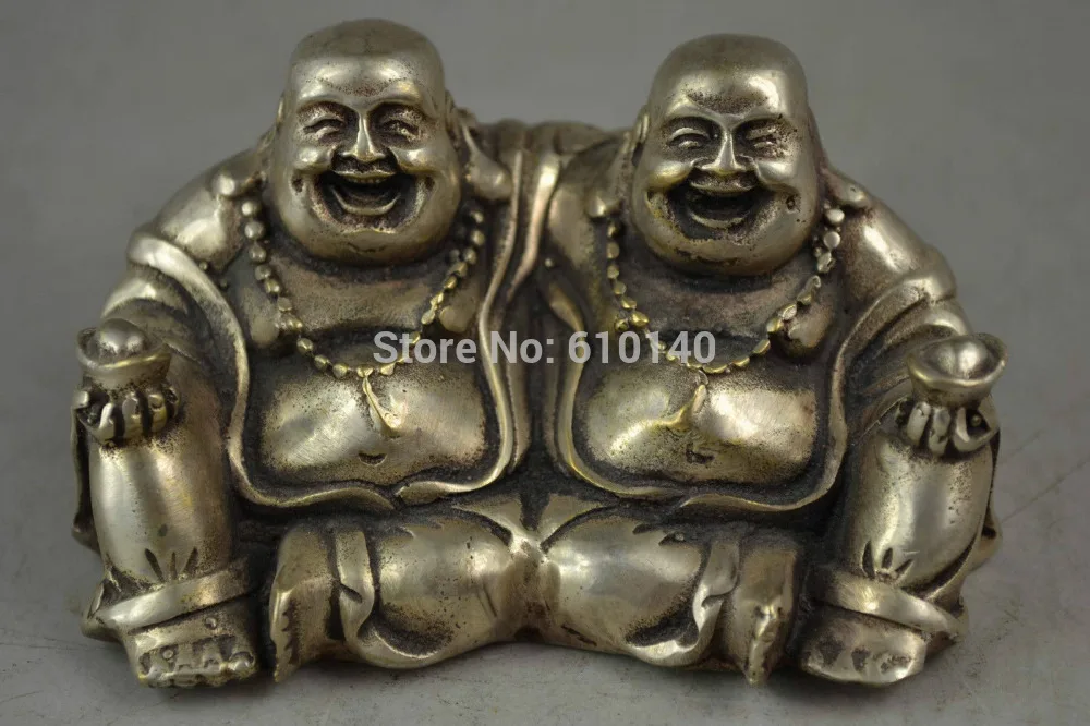 

Old Handwork Miao Silver Carve Pair Buddha Hold Ingot Rare Get Rich Lucky Statue