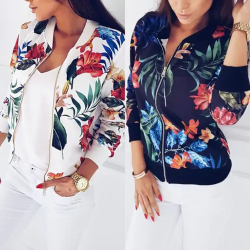 

Fashion Womens Ladies Retro Floral Zipper Up Bomber slim Jacket Casual Coat Outwear 2017 new