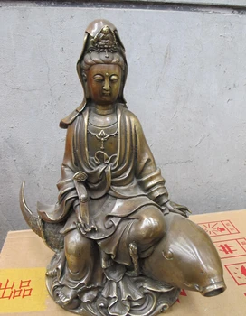 

11"China Chinese Bronze Lucky sculpture Sit fish guanyin Buddha Kwan yin