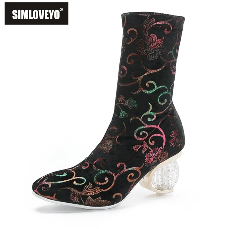

SIMLOVEYO 2019 Spring Autumn Chinese print Women Mid-Calf Boots Round Toe Transparent Heels Party Big Size 44 Brand Design Shoes