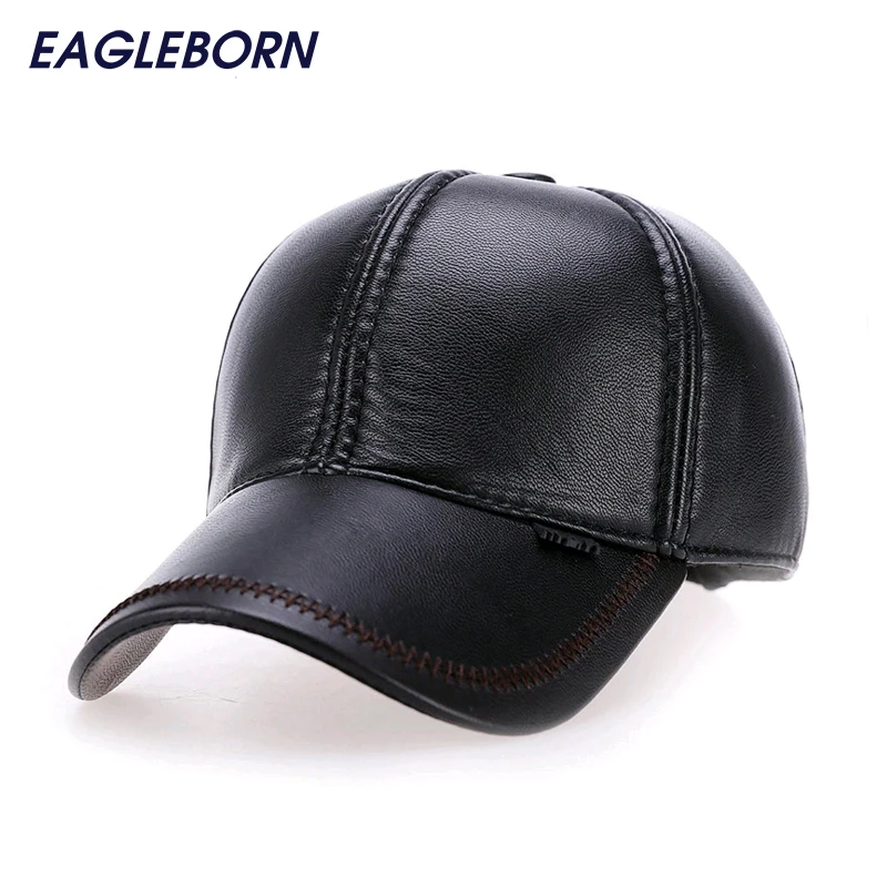 

2017 Fashion Leather Baseball Cap Men Thicken Fall Winter Hats with Ears 6 Panel Keep Warm Leather Cap Male Hats Bone casquette