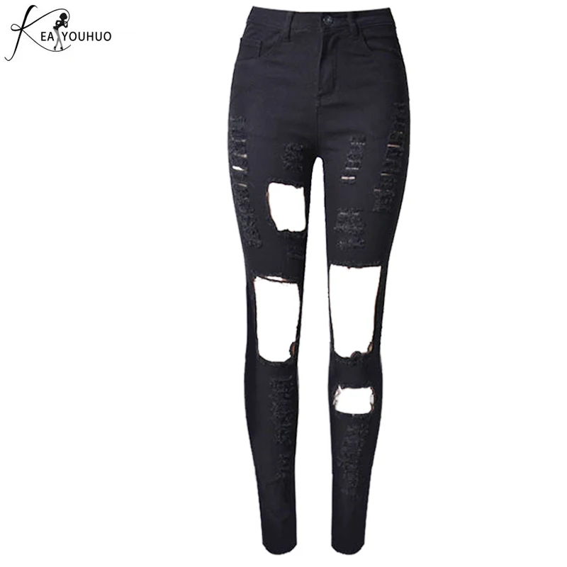 Весна модные рваные женские s рваные с высокой талией эластичные белые джинсы Рваные черные узкие брюки тонкие джинсы Mujer для женщин