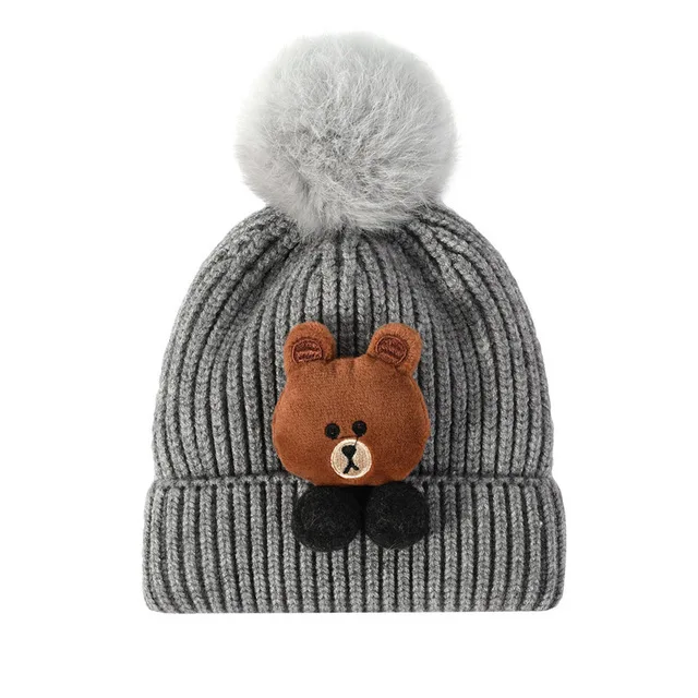 Maylisacc/осень-зима, новая детская теплая вязаная шляпа, Детская меховая теплая шерстяная шапка с милым медведем, зимняя шапка с ушками, весенне-зимняя шапка