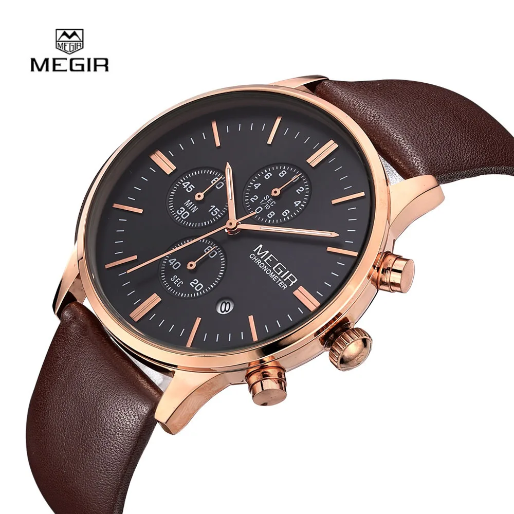 MEGIR Men Watches Chronograph Casual Leather Strap Gold Business Luxury