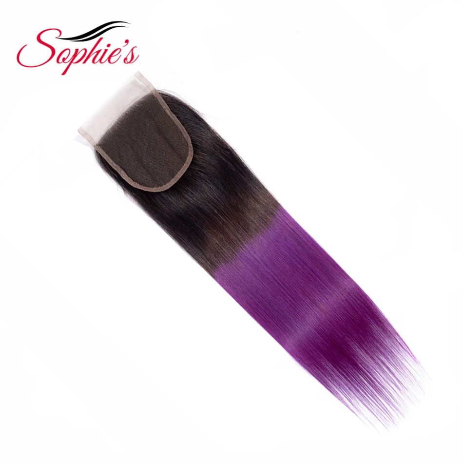 Софи предварительно Цветной Ombre волос T1B/фиолетовый цвет 4*4 закрытие перуанский человека non-реми прямые волос